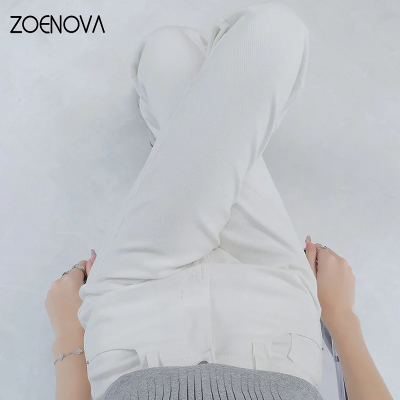 Zoenova koreanische Mode Sommer dünne weiße einfache Damen Jeans Büro Damen hohe Taille kleine gerade vielseitige Jeans hose