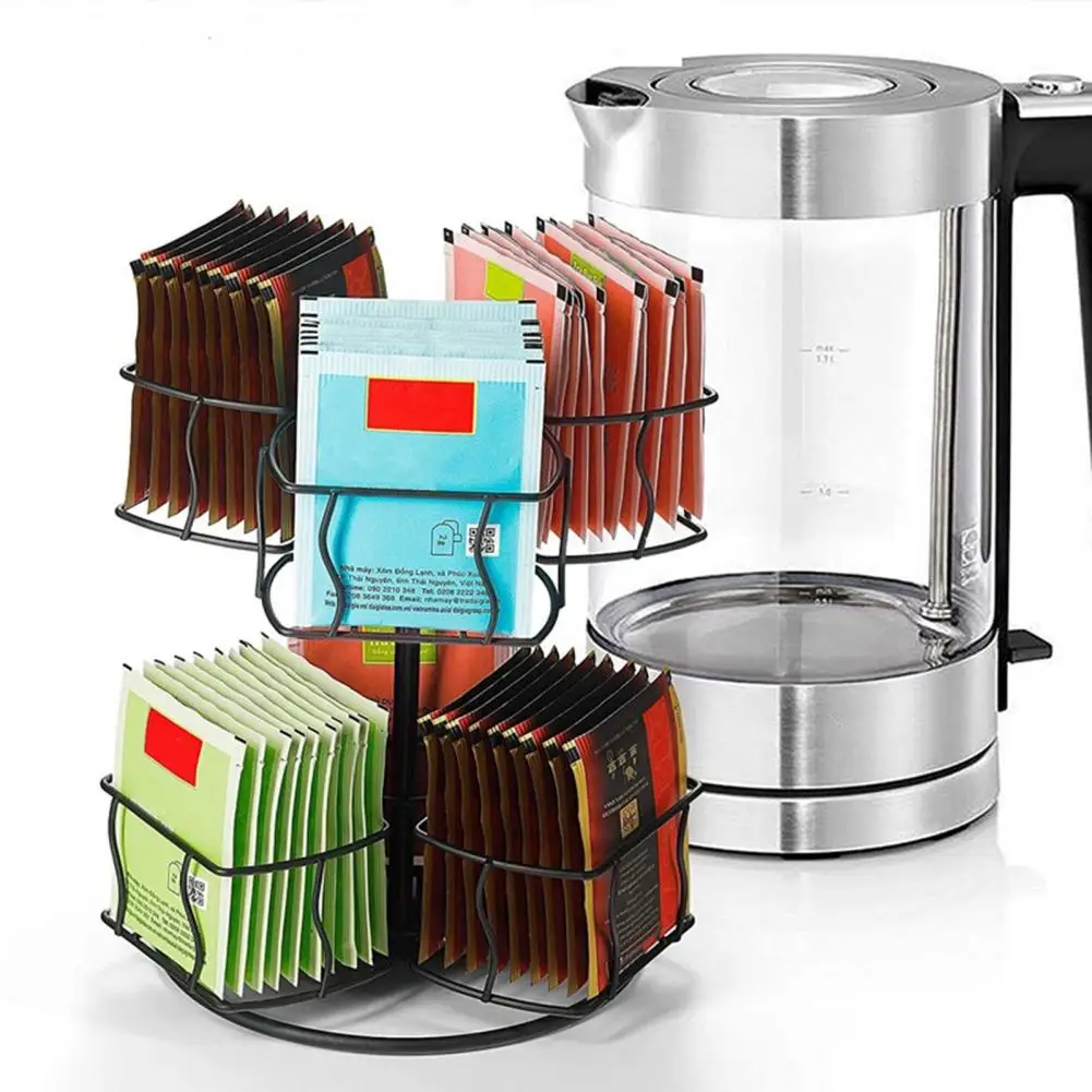 

Teabag Storage Rack 2 Tiers Rotary Hollow Iron Structure with 6 Compartments Countertop Tea Bag Spinning Carousel Organizer