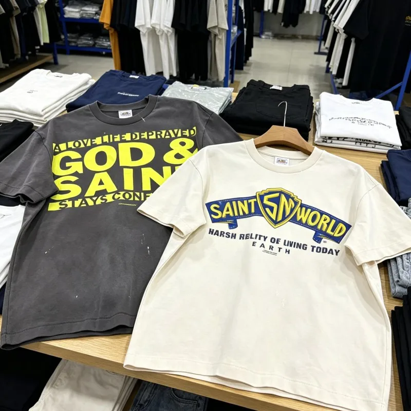American Hip-hop Street Mx6 Saint Tshirts Retro Distressed Splashed Ink Short Sleeve Yellow Letter Print Men Women Tops Outfit