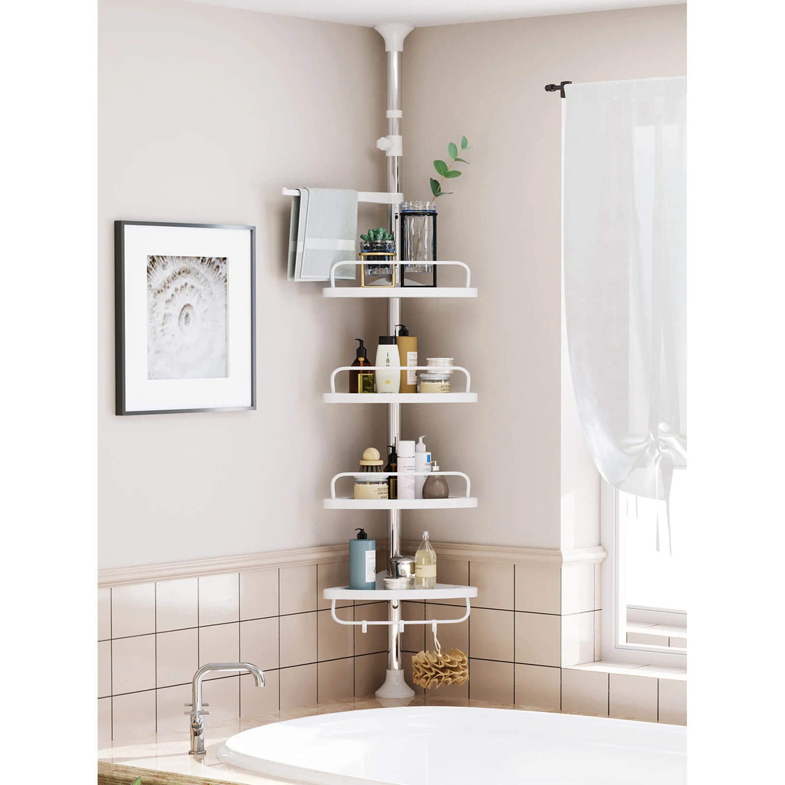 SONGMICS Telescopic Bathroom Corner Shelf: 95-300 cm, Stainless Steel Frame, 4 Trays, 3 Hooks, 1 Towel Bar. White/Silver.