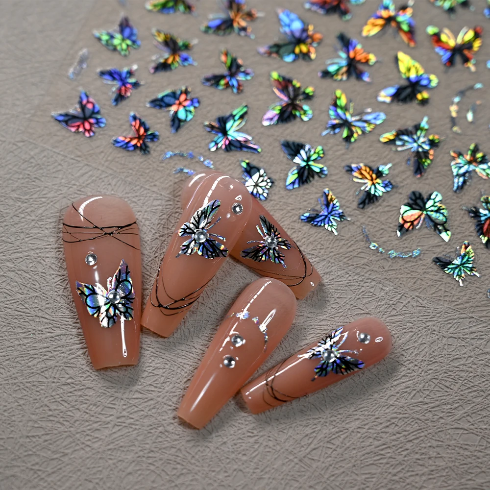 3D Black White Holographic Laser Butterfly Nail Sticker Bronzing Adhesive Sliders DIY Nail Transfer Decals Fingertips Foil Wraps