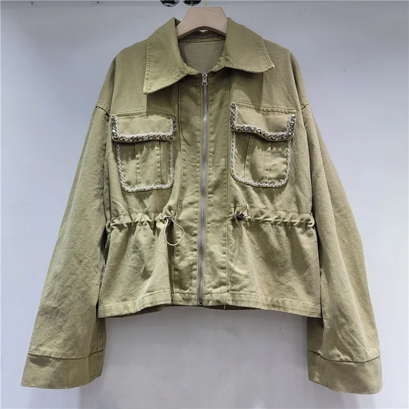 

Clothland женская куртка с карманами из бисера и длинным рукавом на молнии с завязками на шнурке блестящая женская шикарная верхняя одежда повседневные пальто CB284