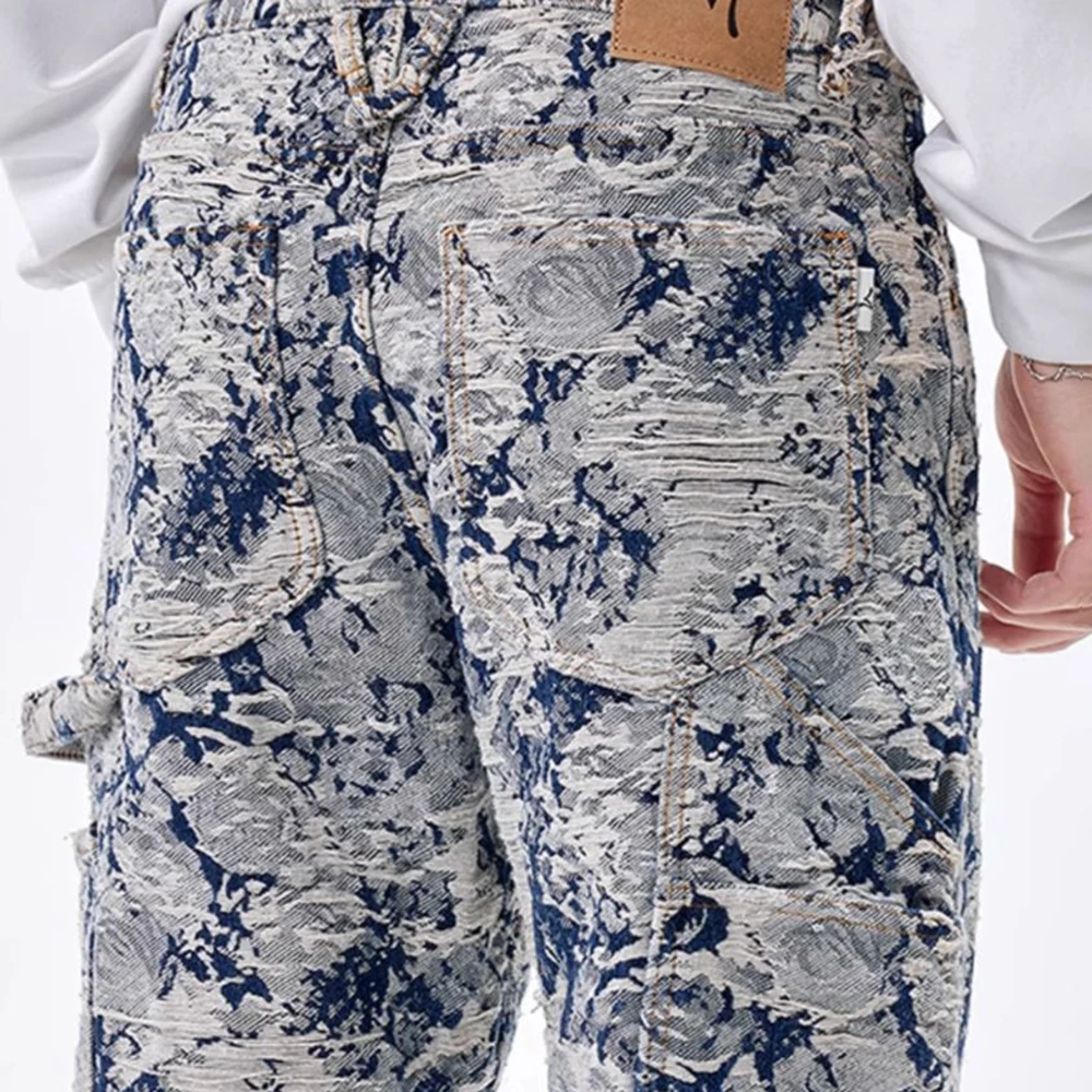 Men Jeans Jacquard Washed Cargo Casual Straight Pants Streetwear Fashion Hip Hop Retro Trend Trousers Male Men'S Clothing 2024