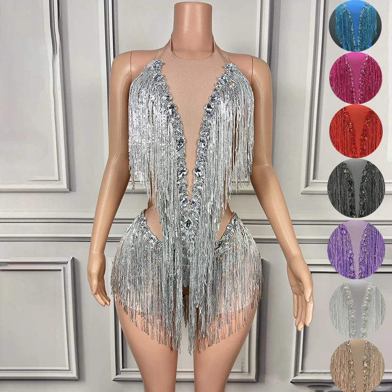 

Many Colors Rhinestones Fringed Bodysuit Women Crystal Party Gogo Dancer Costume Stage Singer Festival Outfit Clubwear XS8332