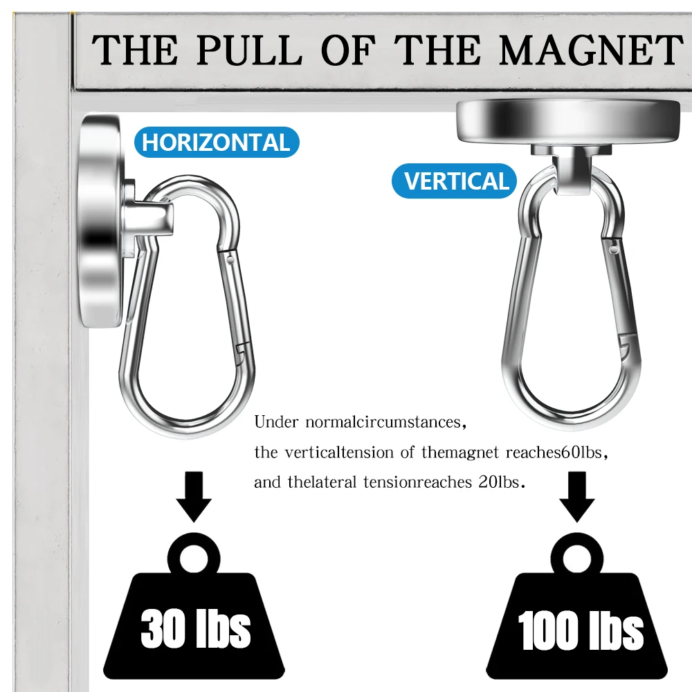 Gancho magnético súper fuerte N52, imán de neodimio, mosquetón giratorio de 360 °, llavero de anillo magnético, asiento magnético