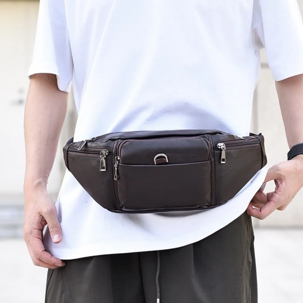 

PU Leather Men Crossbody Bag Waterproof Phone Pouch Student Shoulder Bag Large Capacity Leisure Waist Bag Climbing Camping