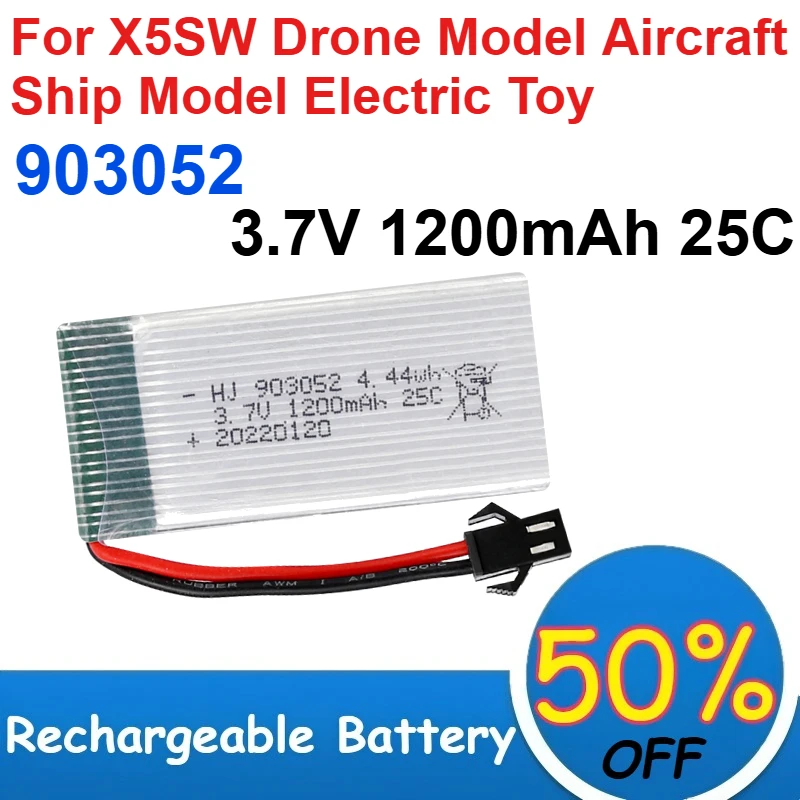 

903052 3.7V Rechargeable Li-ion Battery 1200mAh Capacity 25C for X5SW Drone Model Aircraft Ship Model Electric Toy Batteries