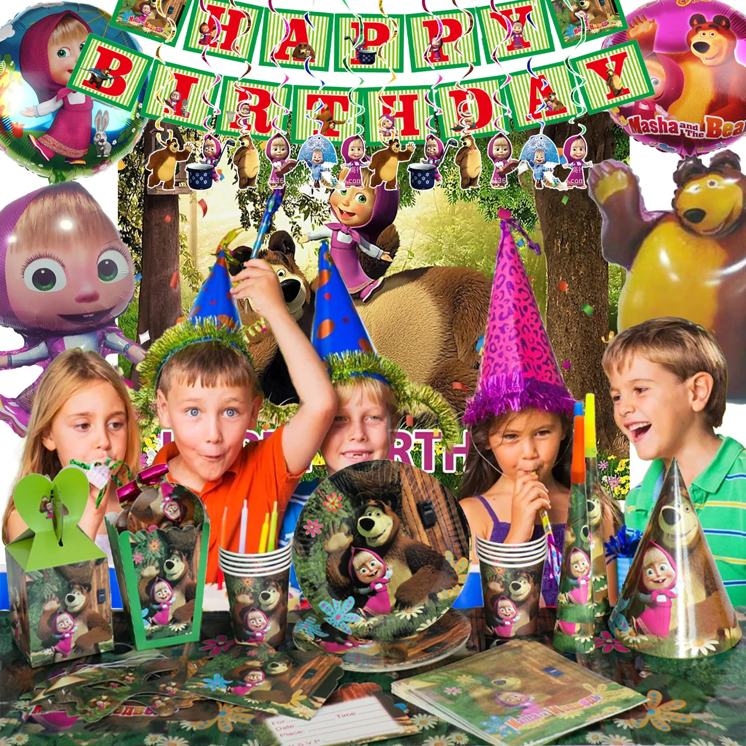 

Cartoon Children's Birthday Party Tableware Cute Girls Bears Balloon Plate Cup Banner Cake Topper Backdrops Kids Supplies Decor