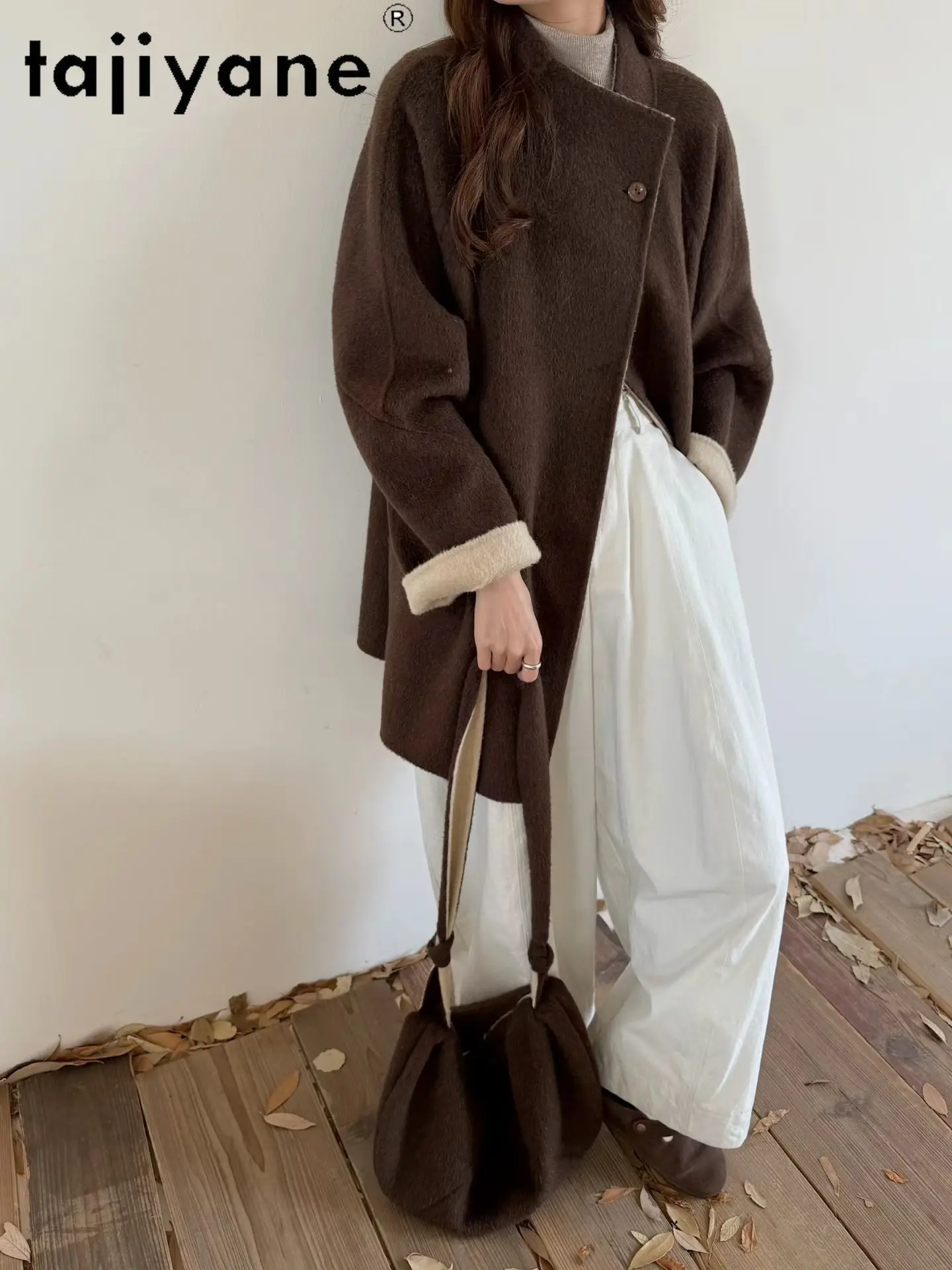 معطف صوف TAJIYANE 10% من الألبكة 90% للنساء عالي الجودة ملابس خارجية متوسطة الطول سترات نسائية دافئة ملابس شتوية للسيدات 2025 سبکول ويج