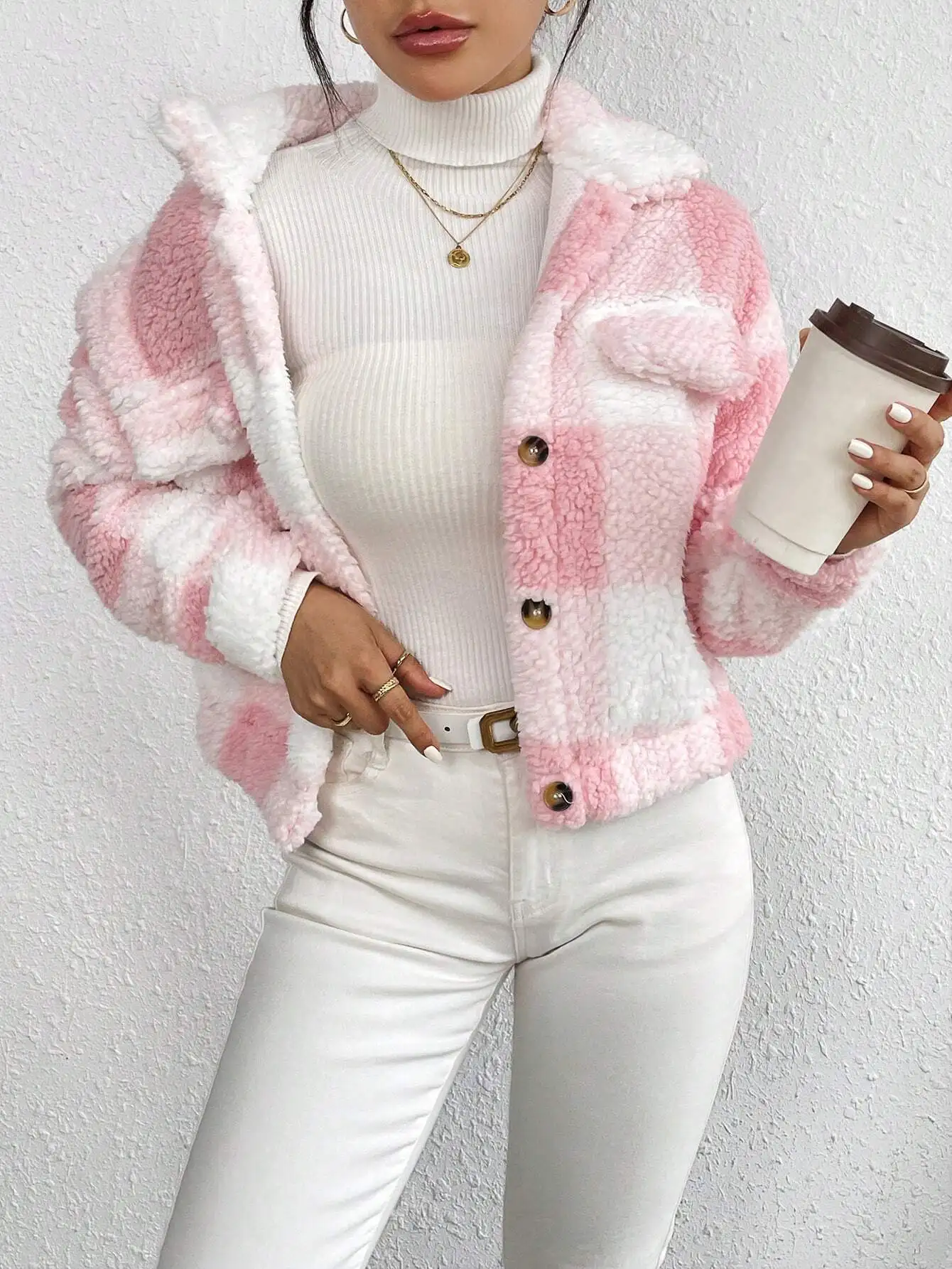 Różowo-biała kurtka z imitacji futra w kratę dla kobiet, ciepły krótki płaszczyk z kieszeniami z przodu i guzikami, styl jesienno-zimowy