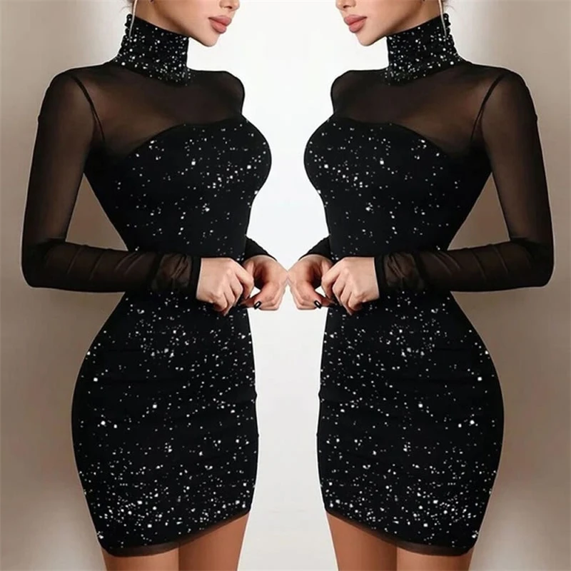 Women Black Mini Dress New Fashion Turtleneck Shiny Silk Club Party Dress Autumn Mesh Long Sleeve Bodycon Pencil Dress