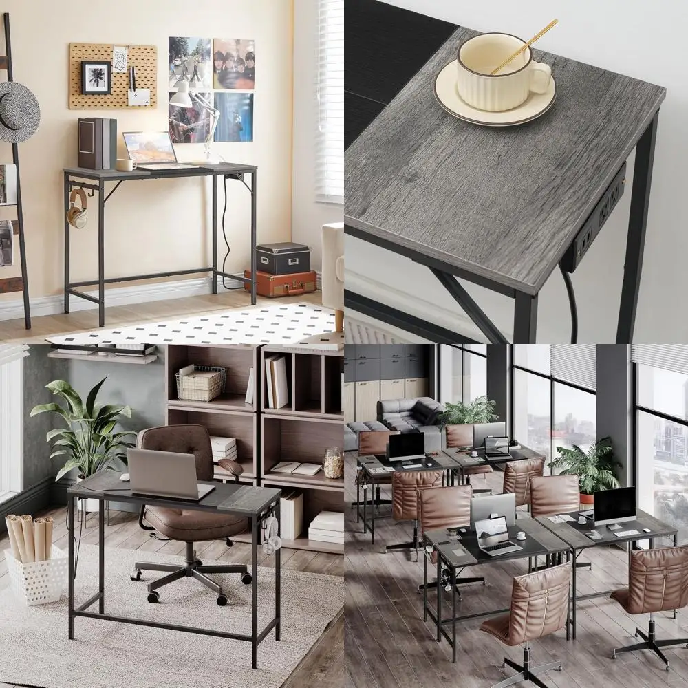 

Современный письменный стол с розеткой, 3 крючками, прочный и устойчивый, простая сборка, цвет угольно-серый и черный