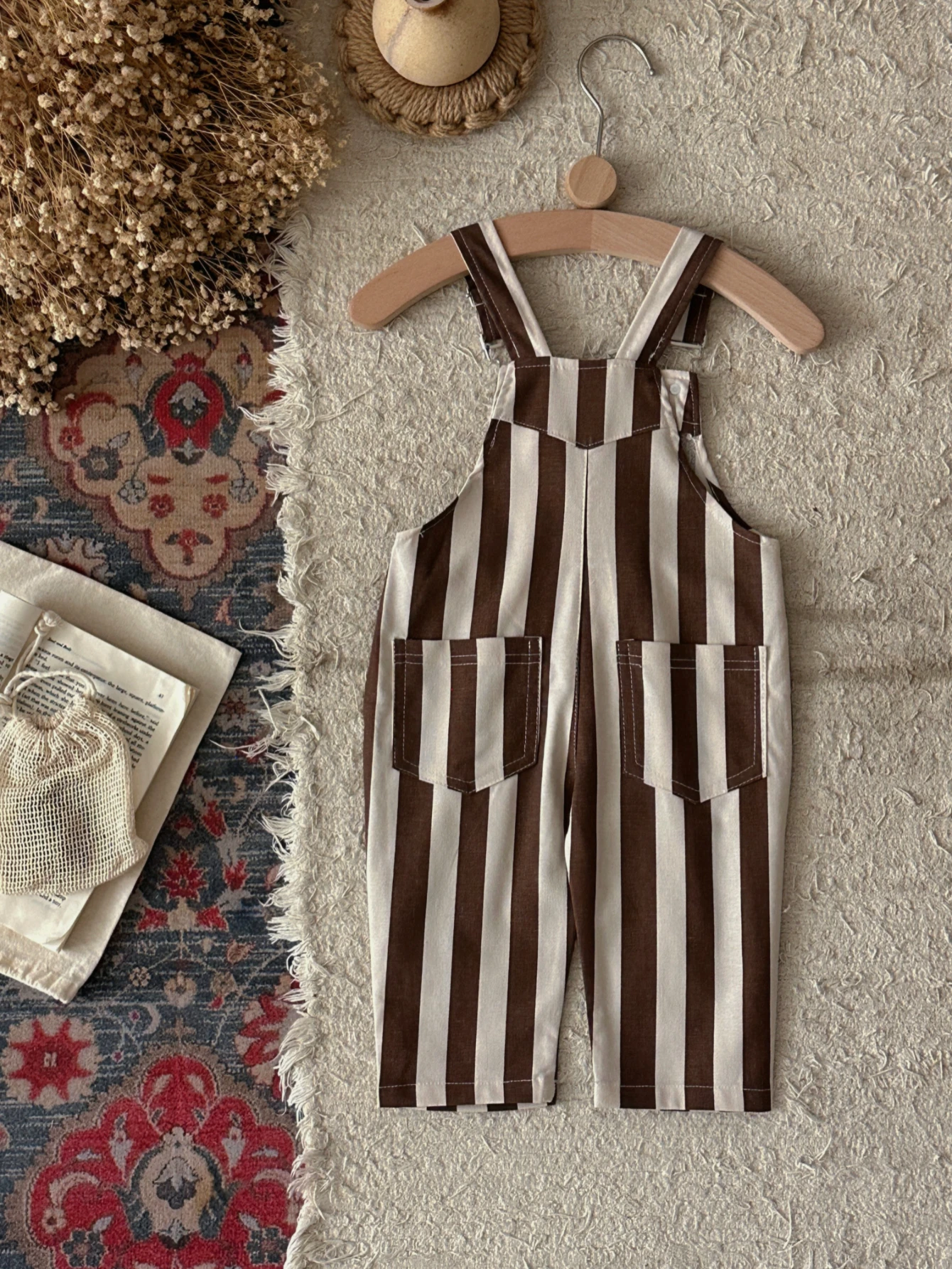 Spring Baby Striped Long Overalls Chest Pocket Label Decor Adjustable Straps Boys Girls Infant Casual Trousers