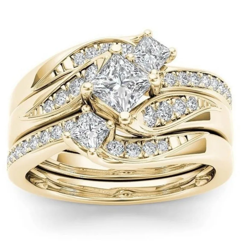 

Delicate Shine Metal Gold Color Inlaid with White Zircon Engagement Wedding Rings Set for Women Jewelry