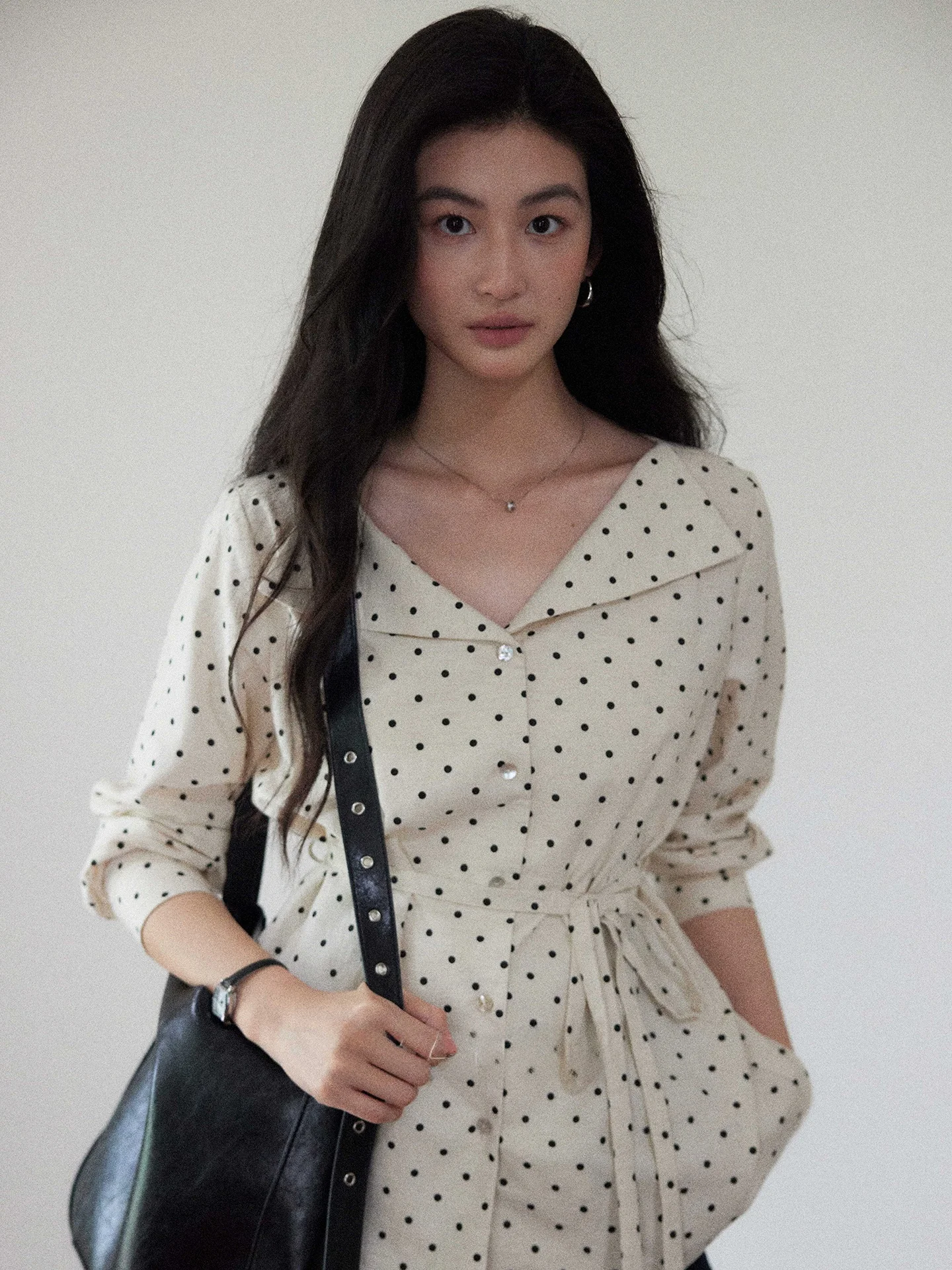 

Retro Polka Dot Linen Cotton irt Women's Loose Fit irt Collar Side Tie Spring Autumn Faion Breathable Comfortable Long ...