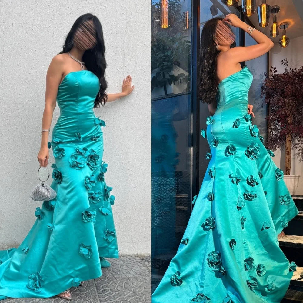 

Evening Satin Flower Draped Pleat Party Mermaid Strapless Bespoke Occasion Gown Long es Saudi Arabia es es