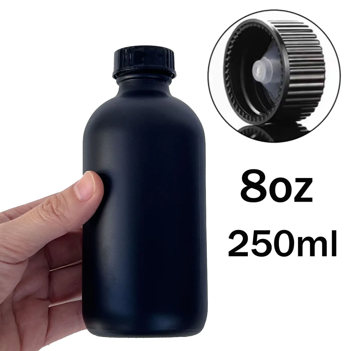 

8oz 250ml Frosted Black Dram Glass Bottle with Screw Cone Caps with Cone liner polycone caps