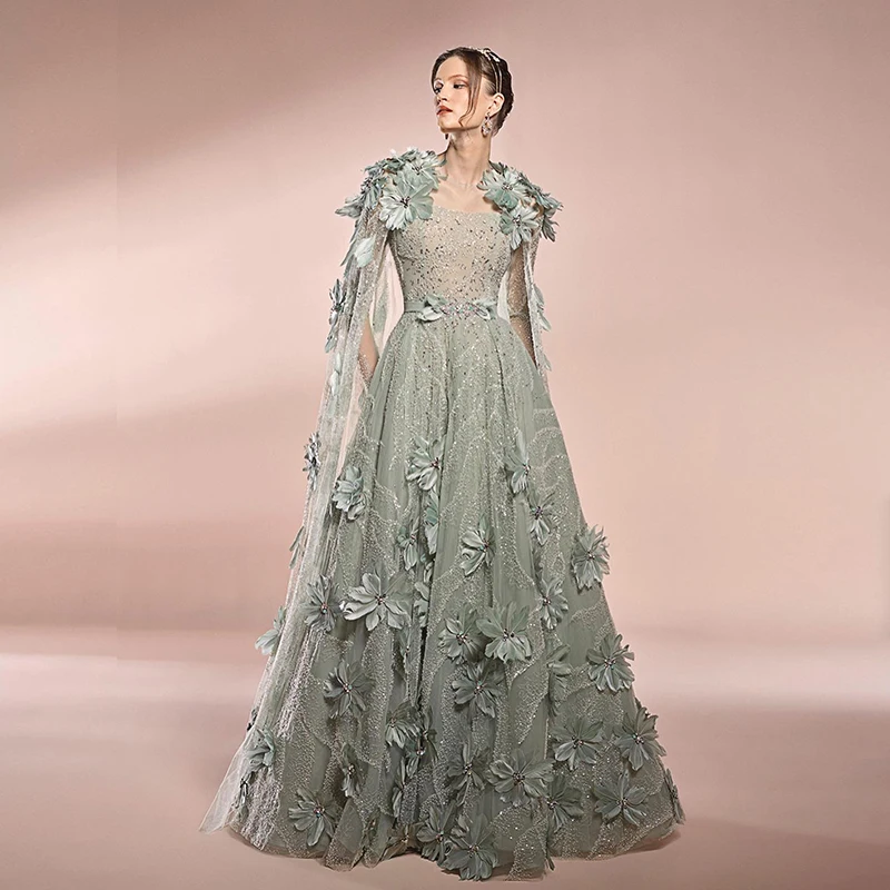 Hot Sale Green Beaded With Feathers Cape A-line  فساتين السهرة vestidos de fiesta  فساتين سهره evening dresses