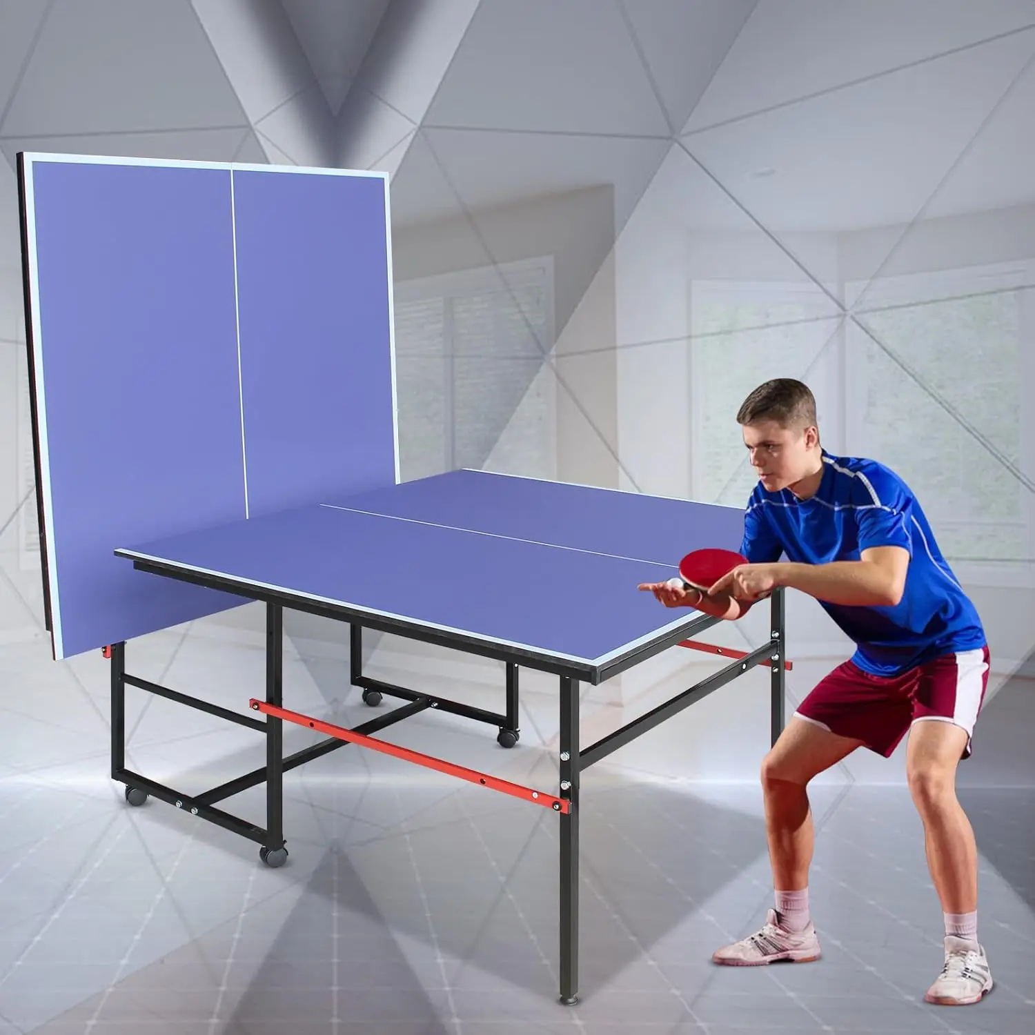 Blue Folding Rolling Table Tennis Table Indoor and Outdoor Table Tennis Table, 2 Rackets, 3 Balls, 1 Net and 4 Wheels Set Behind