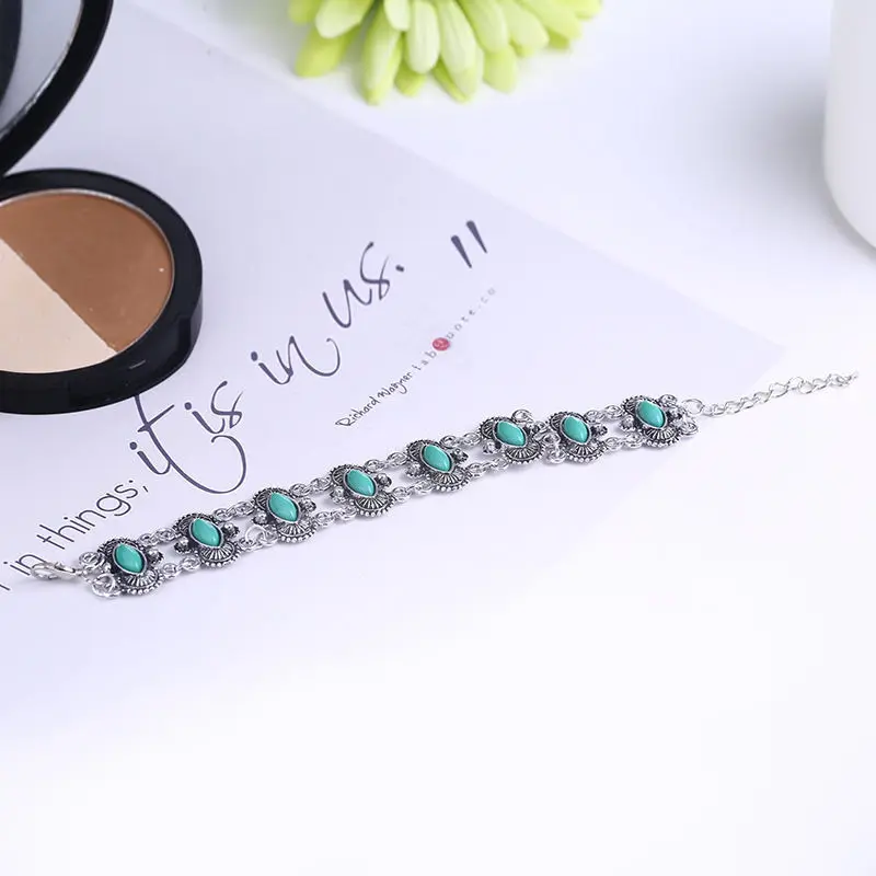 Fashion Ethnic Bohemian Bracelets & Bangles for Women Blue Stone Vintage Beach Boho Flower Oval Adjustable Bracelets Jewelry