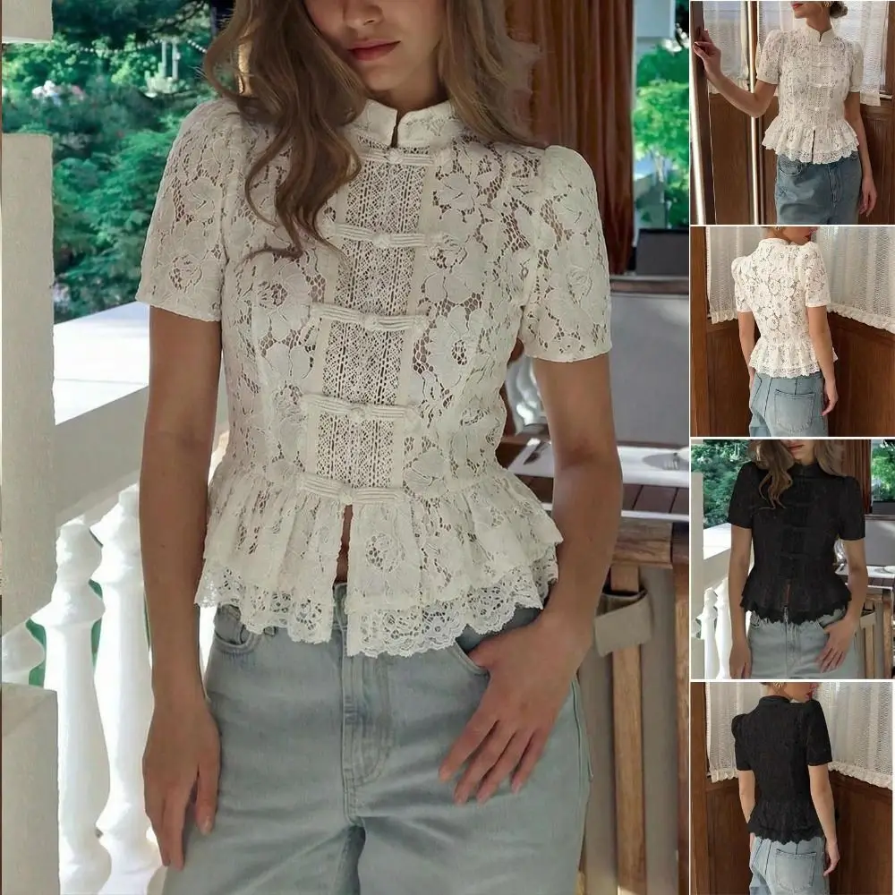 Fashion Sleeveless Crop Top Frog Button Mandarin Collar Vest Top Hollow Out Floral Lace Tank Top Summer Party