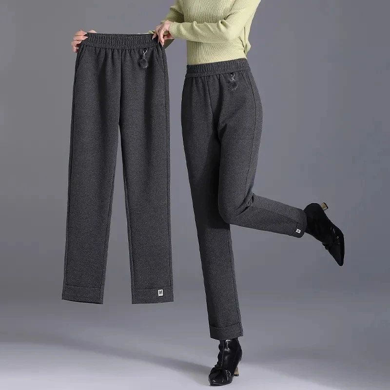 Pantalones de lana para mujer, pantalón bombacho fino de cintura alta elástica, holgado, informal, con bolsillo, de nueve puntos, otoño e invierno, novedad de 2023