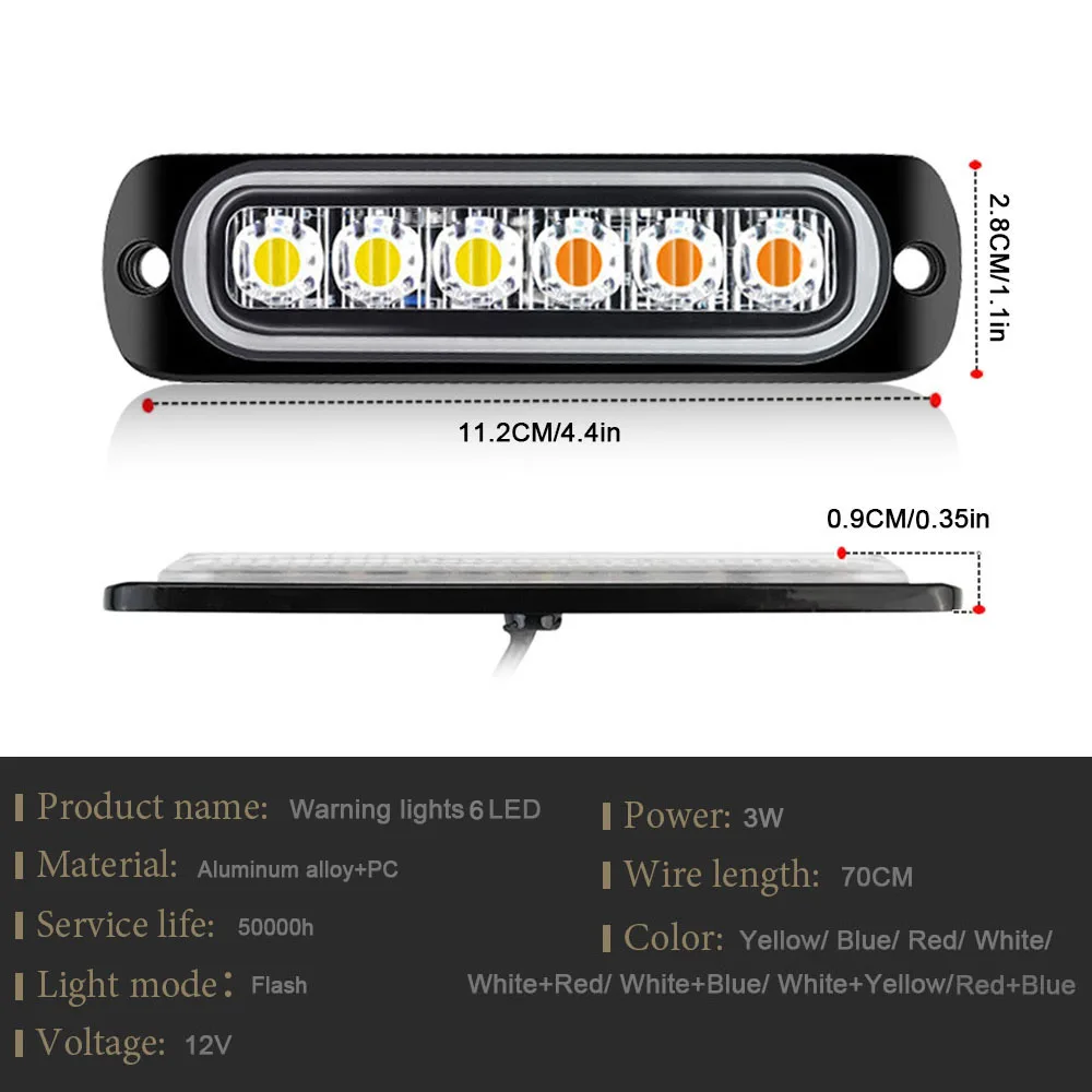 YSY 1pcs 6Led Strobe Side Warning Lights 12V Strobe Grille Flashing Lightbars Cars Beacon Lamp Amber Traffic Lights White