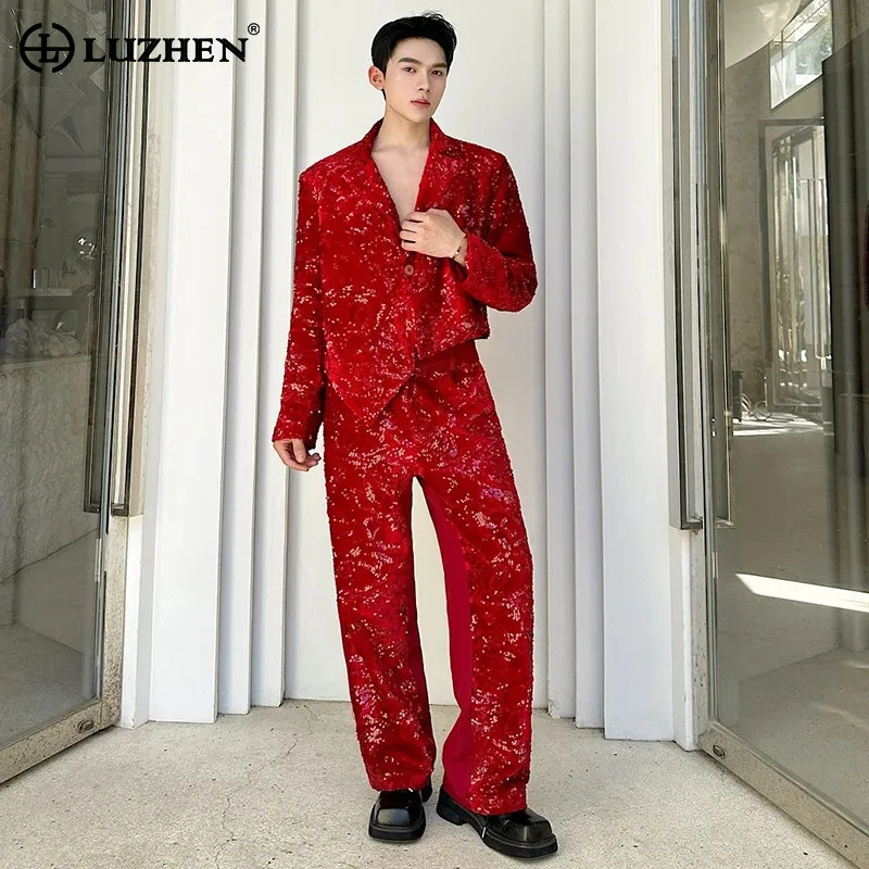 

LUZHEN Fashion Handsome Sequin Patchwork Decorate Straight Casual Pants Men's 2025 New Elegant Blazer Male Two-piece Sets JY3461