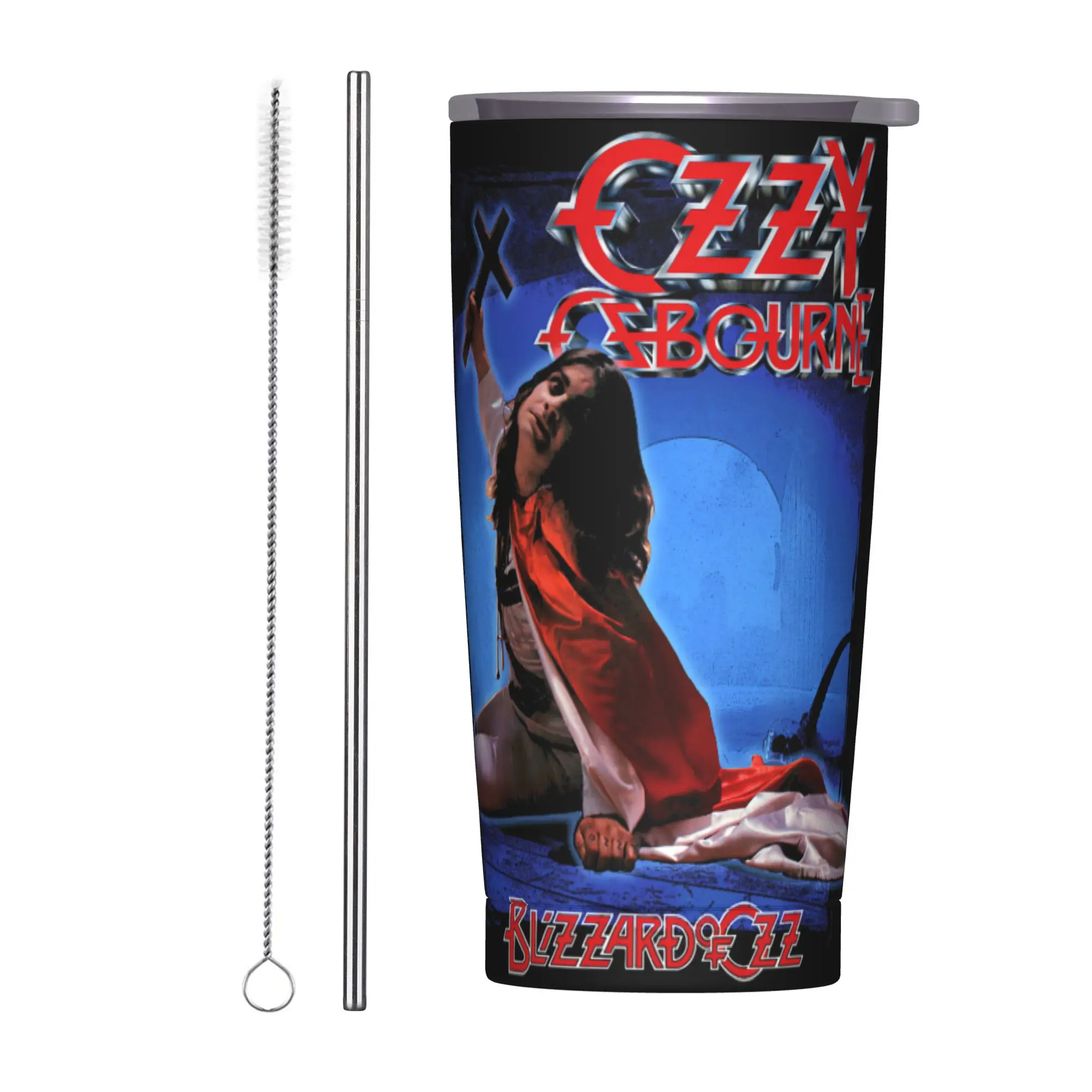 

Термокружка Ozzy Osbourne (рок-певец, хэви-метал) с крышкой, соломинкой и бирками, вакуумная, из нержавеющей стали, с двойными стенками, 20 унций
