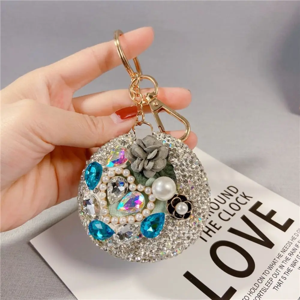 Portable Full Rhinestone Camellia Makeup Mirror Folding Round Car Keychain Floral Sparkling Touch Up Mirror Girl