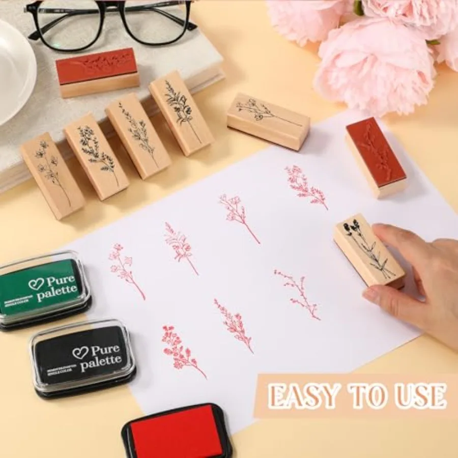 8 Pieces Vintage Rubber Stamps Decorative with 3 Colors Ink Pad Wooden Plant Flower Stamps Set for DIY Craft, Scrapbook, Letter view 4