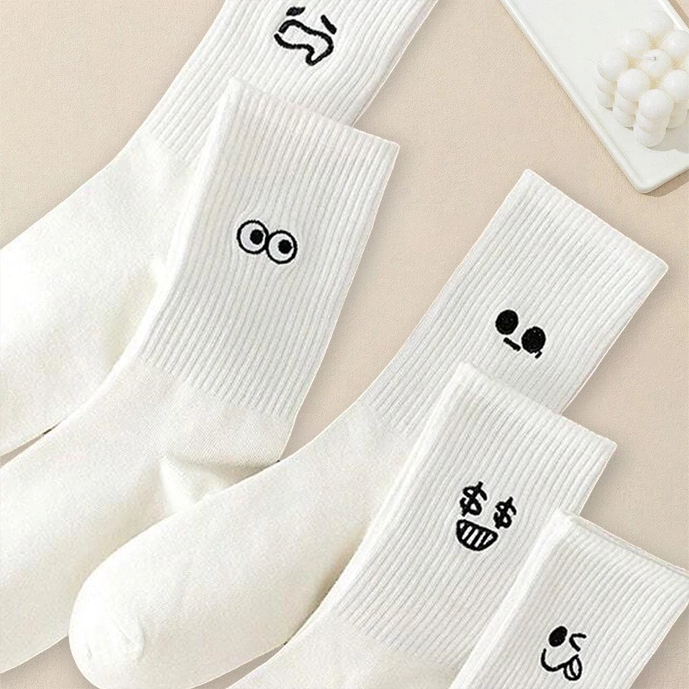 5 Pairs Women Cute Expression Pattern Socks Creative Fashionable Versatile Socks Comfortable Lightweight Soft Mid Length Socks