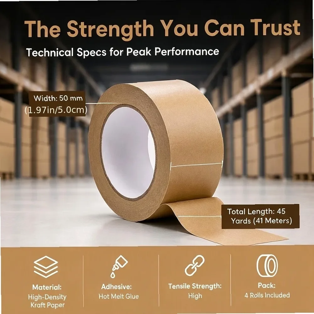 Heavy Duty Kraft Paper Packing Tape, 2in x 45yd Writable Brown Packaging Tape for Sealing, Masking & Wrapping