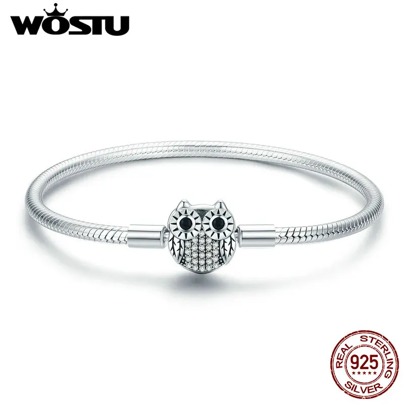 WOSTU Genuine 925 Sterling Silver Owl Design Charm Bracelet & Bangle For Women Fit Original Brand DIY Beads Jewelry CQB067