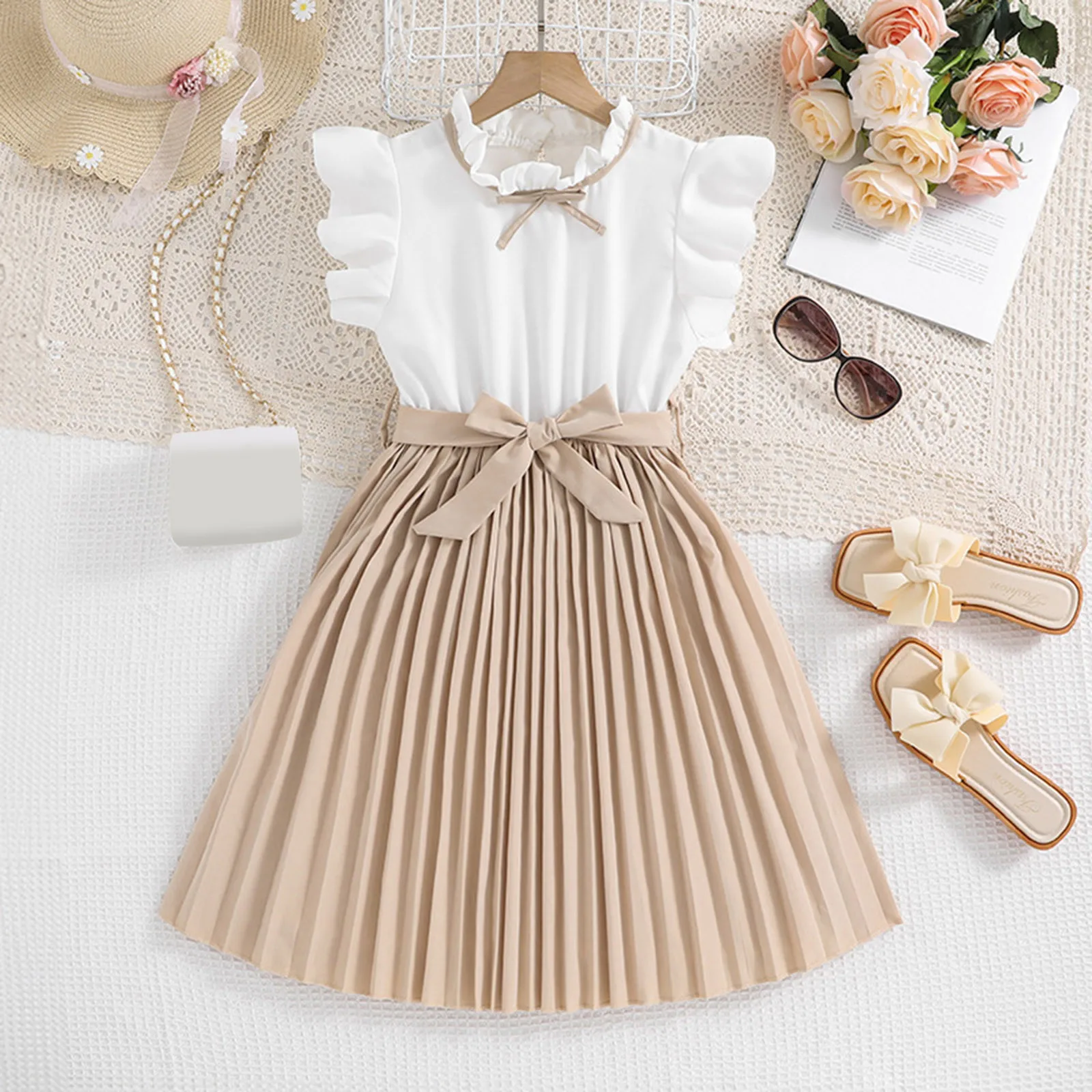 Summer Casual Dress for Kids Girls 7 to 12 Years Children Clothes Pleated Dress Sleeveless High Waist Princess Dress with Belt