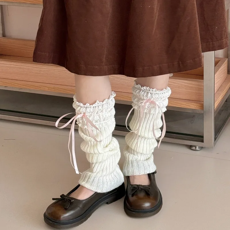 SP&CITY Winter Japanese Vertical Knitted Socks with Ribbon Bow Women's Breathable Lace Leg Lolita Long Tube Cute Stacking Sock