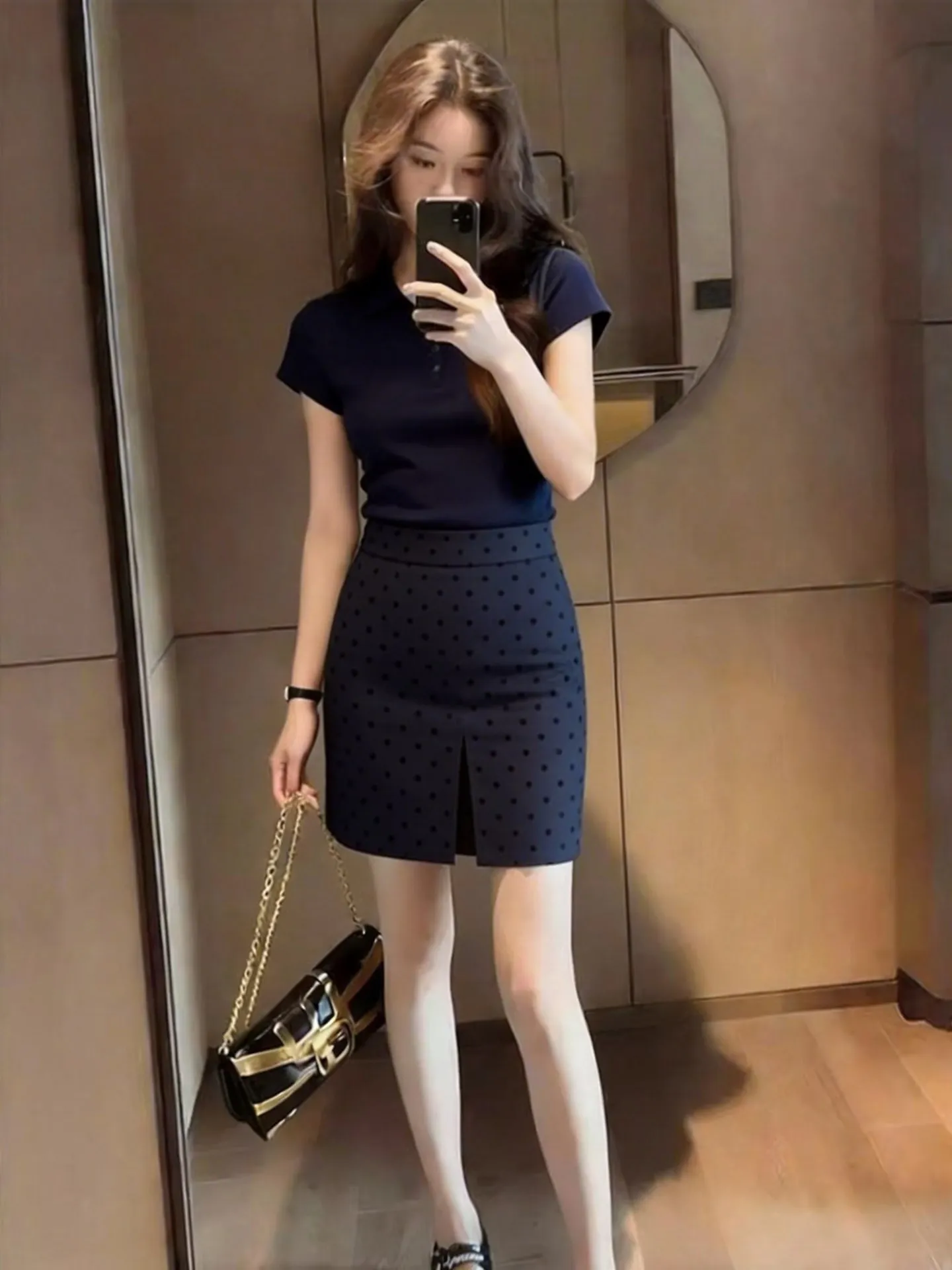 

Spring Summer 2026 Blue Polka Dot Halter Neck Dress And Blouse Two Piece Set Commute High Waist Straight Cut plus Size