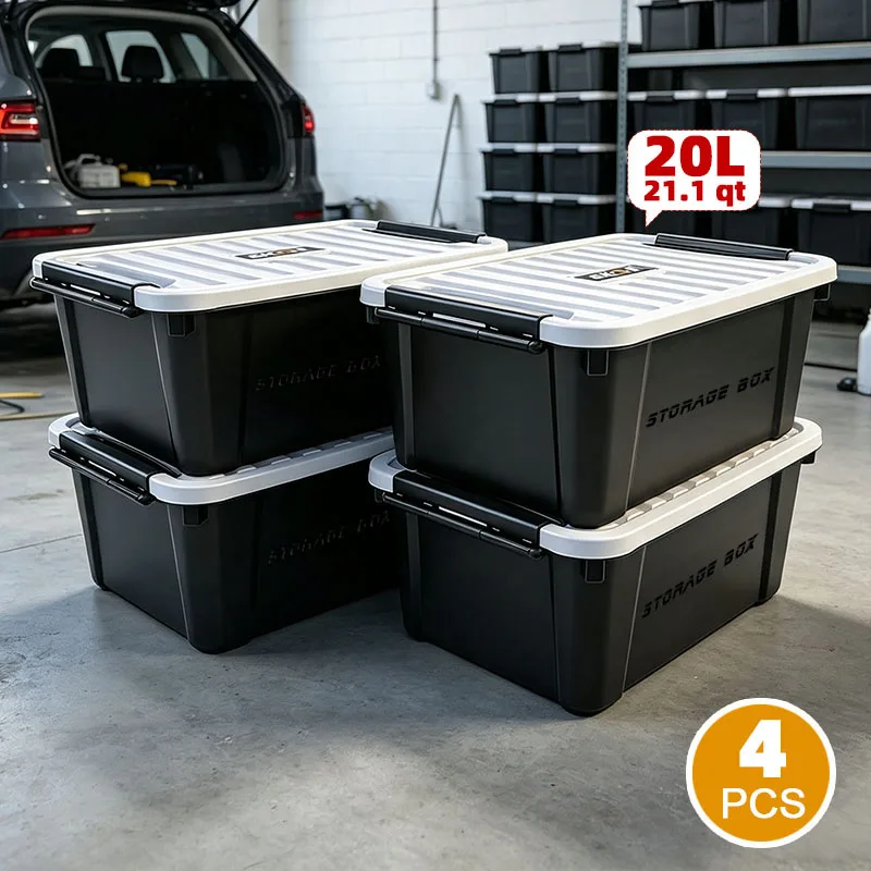 EKOA 20L/21QT Storage Bins,4Pack Heavy Duty Plastic Storage Containers with Lids, Stackable Bins with Secure Latches
