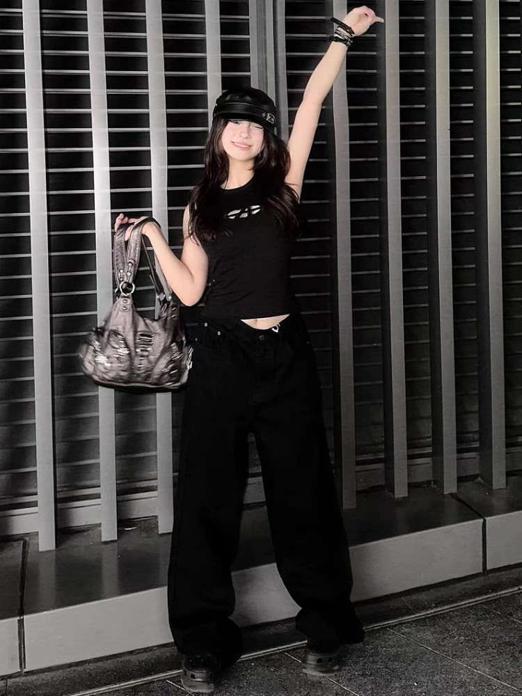 

American retro spicy girl black embroidered pants retro jeans autumn simple loose couple straight leg wide leg pants