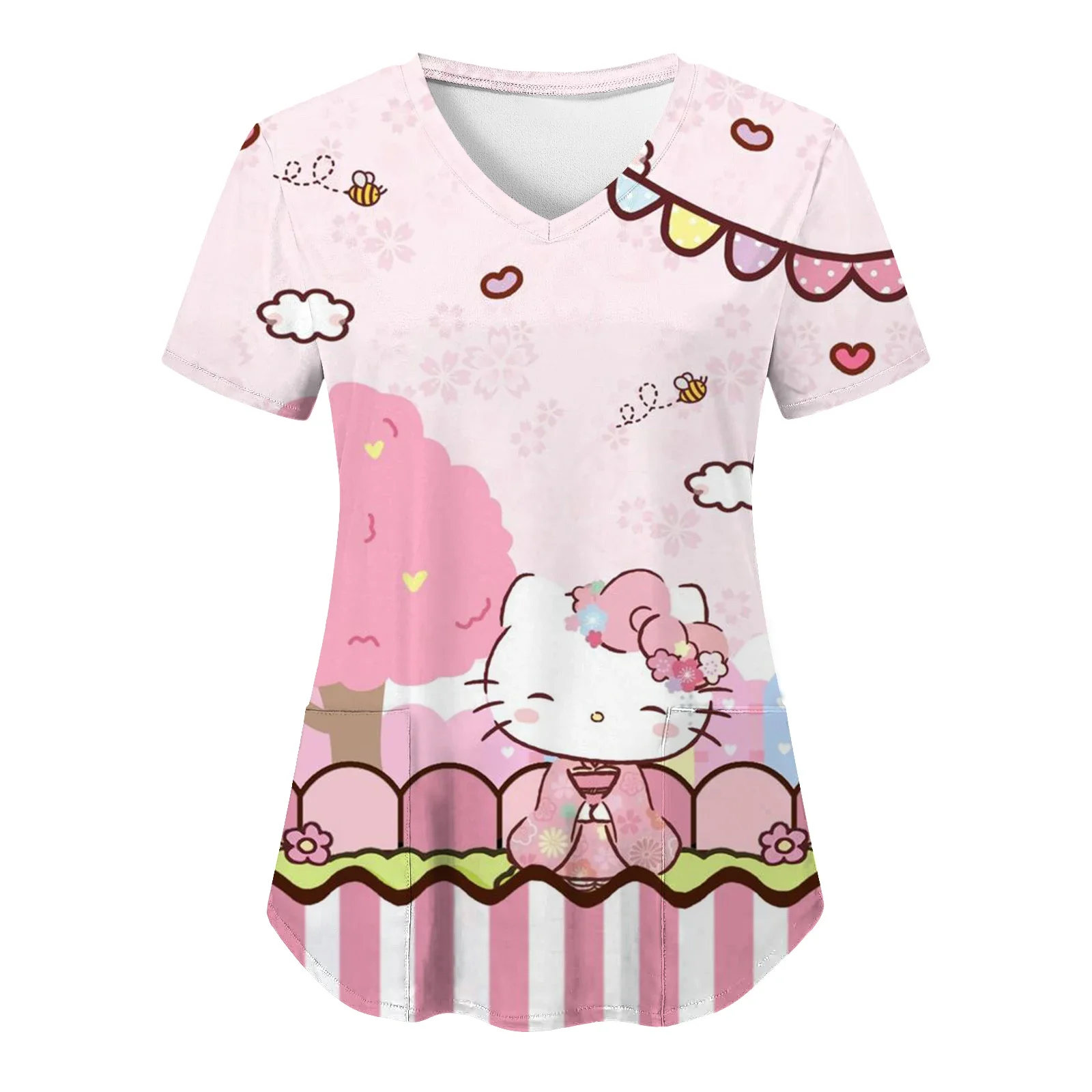 Kawaii Nurse Uniform Scrubs Tops Womens Cute Hello Kitty Print t-shirt Pocket Overalls Uniforms Medical Nursing Blouse