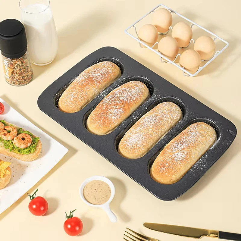 Nonstick Perforated 4-Cup French Bread Mold, Carbon Steel Baguette Pan, Hot Dog Bun Pan, Bakeware Toast Cake Baking Tray