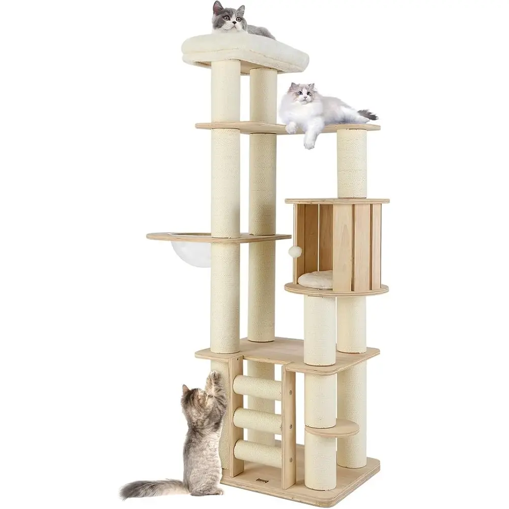 

71 Multi-Layer Wooden Cat Tower with Scratching Posts, Perches, Condo, Ladder, Dangling Ball, Washable Cushions for Large Indoor