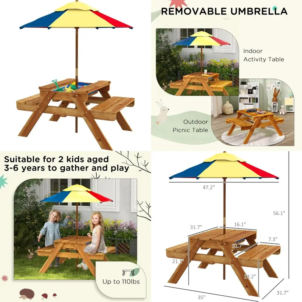 

Children's Picnic Table with Foldable Umbrella, 3-in-1 Sand and Water Play Table, 2 Play Boxes, Removable Top, Outdoor Activity