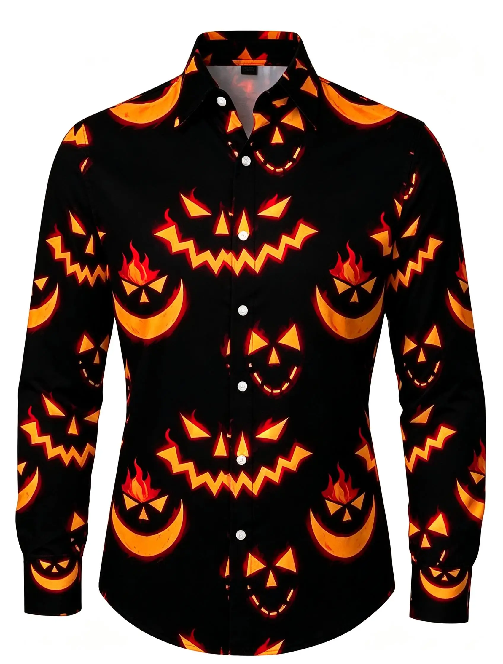 Men Long-Sleeve Button-Down Shirt Black Orange Jack O Lantern Print Polyester Lapel Collar Halloween Party Top