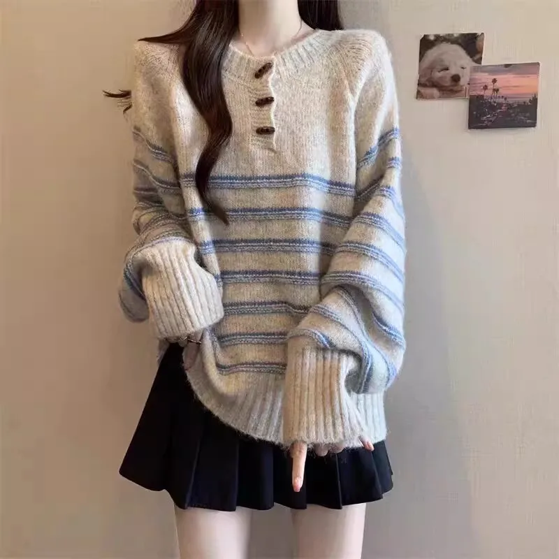 Loose Round Neck Knitted Sweater Women's Autumn Winter Lazy Style Soft Cozy Pullover Coat Knitting Yarn Striped Button Detail