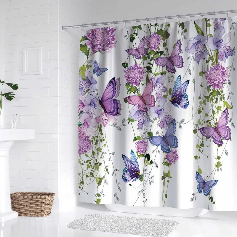 1pc Purple & Blue Butterfly Floral And Green Vine Digital Print Shower Curtain, Bathroom Decor With Hooks Included