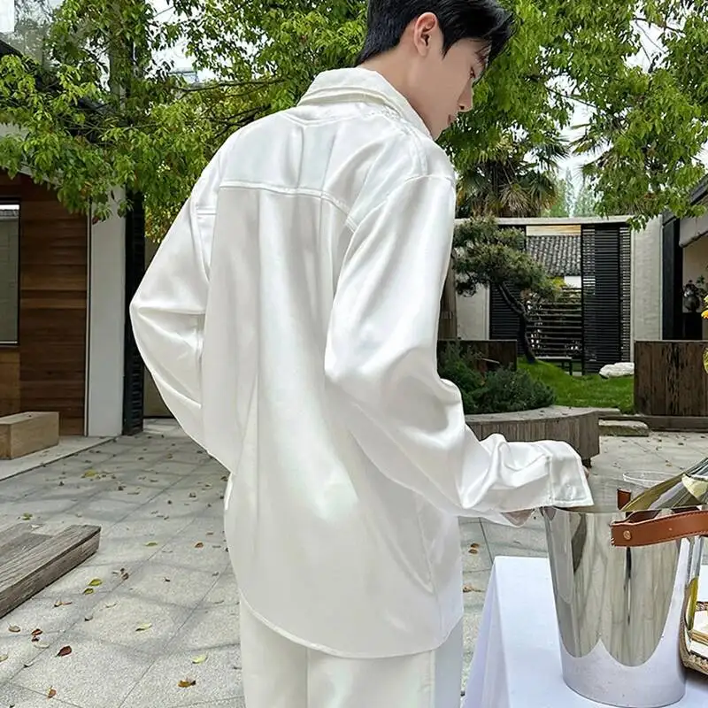Men's Satin Lace Patchwork White Shirt Loose Casual Niche Turn Down Collar Pullover Bloouse Tops Fashion NGIQ6