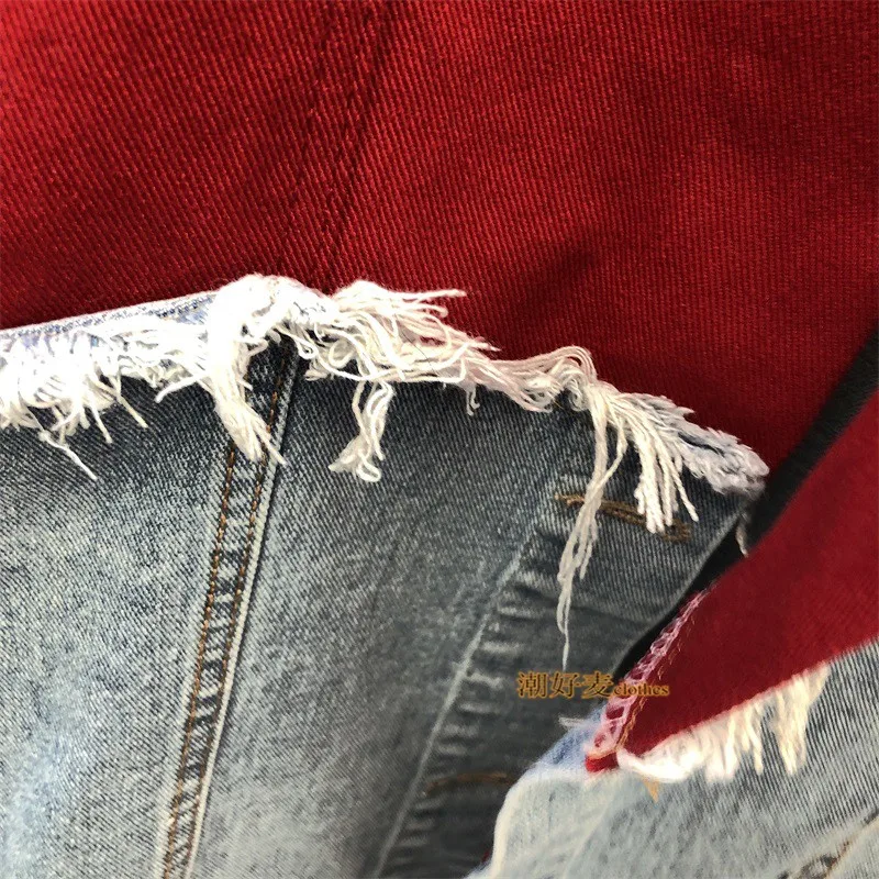 Red Spliced Ripped Denim Jacket Women Pocket Lapel Tassel Fashion Patchwork Jeans Jacket Spring Autumn Loose Jeans Coat Female