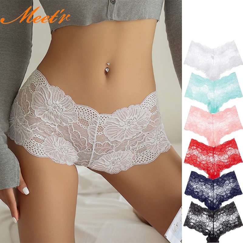 Meet'r Oversize-Unterwäsche, Höschen, Dessous – atmungsaktive, nahtlose, ausgehöhlte Spitze, mittelhohe, sexy, hüfthebende Slips