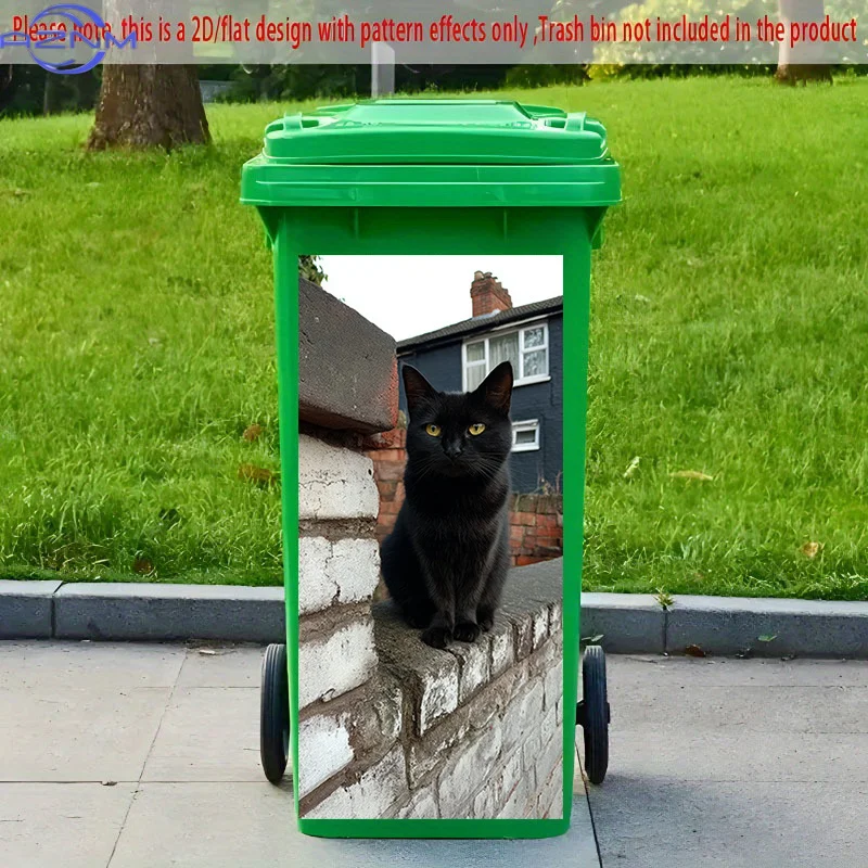 2D Flat Printing 1pc 2D Pattern Printed Kitchen Trash Can Sticker, xcm, Black Cat Crouching on Wall Design, Themed Kitchen Hom